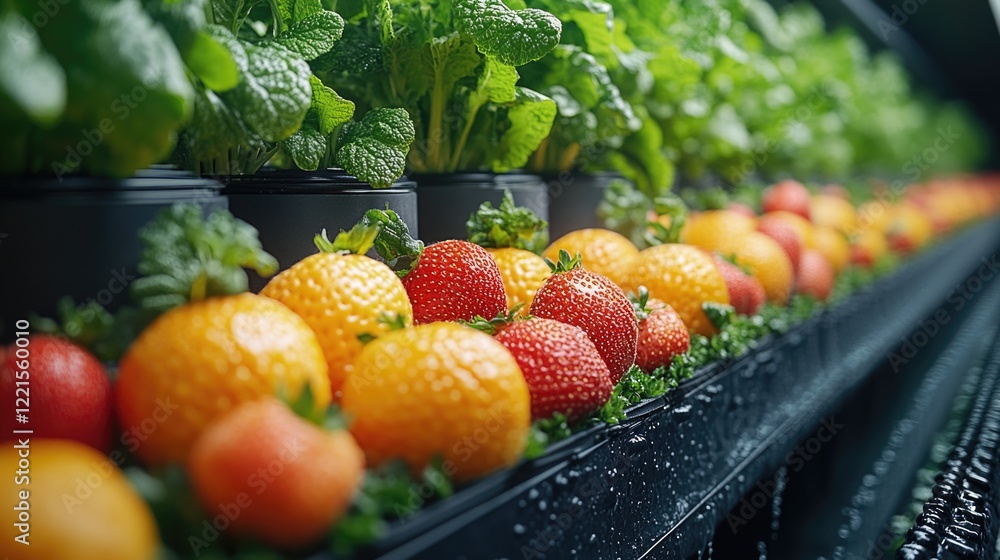 Poster a colorful display of fruits and vegetables on a shelf, ideal for use in food-related contexts