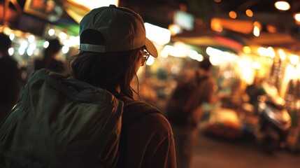 Obraz premium A person carrying a backpack stands outside a bustling market, ready for the day's adventures