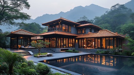 Obraz premium Vibrant scene showcasing a chinese villa with classic style and a tranquil swimming pool picture