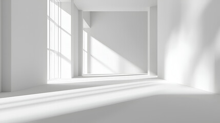 Obraz premium Sunlit minimalist white room interior. Bright, spacious, and modern design. Perfect for product placement or background.