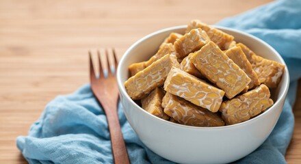 Bowl of fresh tempeh pieces on a wooden table