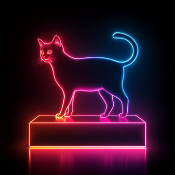 recommend clip art: Neon glowing cat silhouette with bright lights and glowing pedestal in dark background.