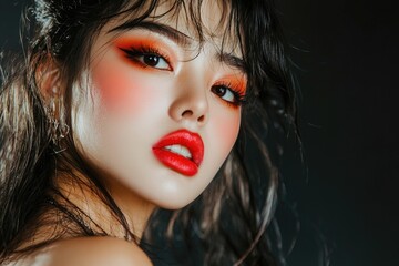 A close-up shot of a woman wearing bold red lipstick