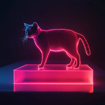 recommend clip art: Neon glowing cat silhouette with glowing pedestal in dark background.