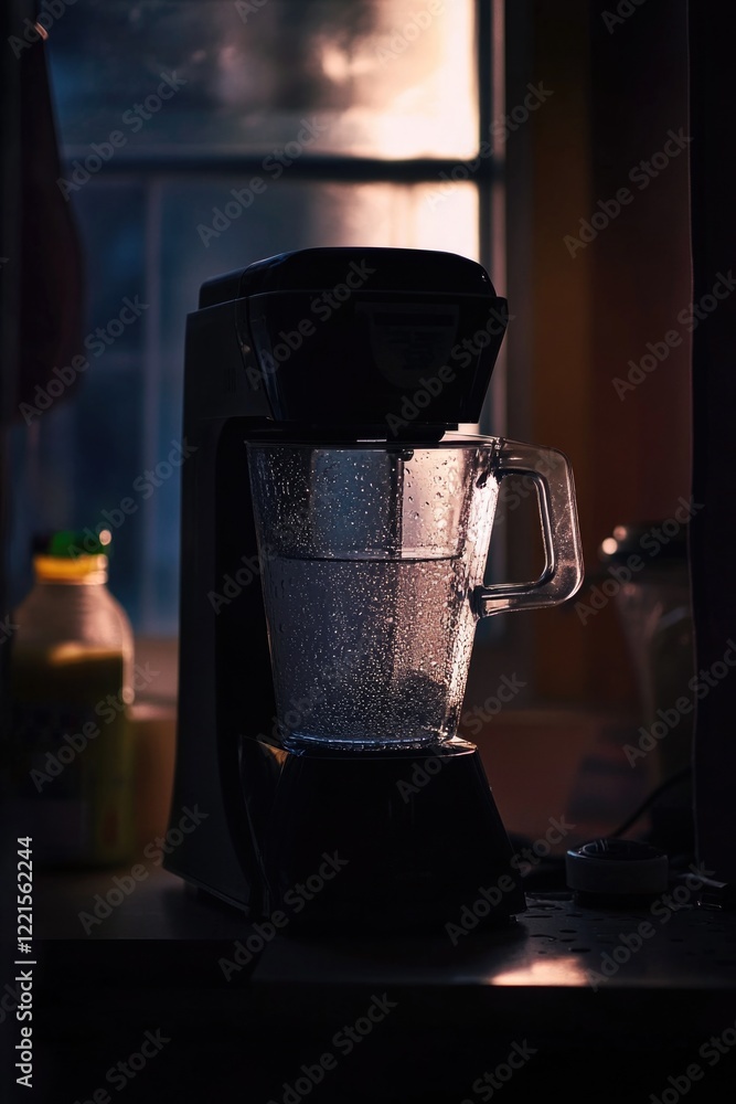 Poster a blender sitting on a countertop next to a window, ready for use