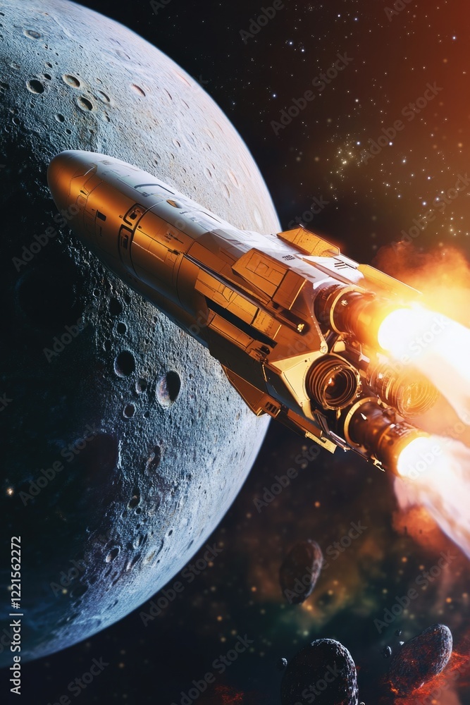 Poster a space shuttle in flight over a distant planet with a visible moon in the background