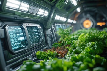 A bunch of lettuce grows inside a spaceship, with no connection to the outside environment