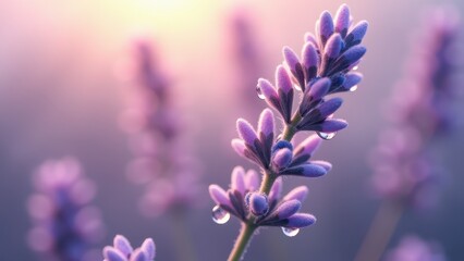 Macro photography of lavender flowers with dew drops at sunrise	