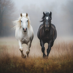 Fototapeta premium White and black horses running in the fog in a field.