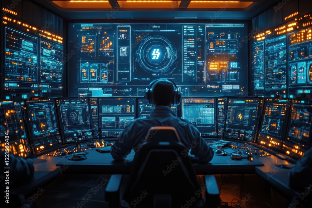 Poster a person sitting at a desk with multiple computer monitors, possibly working or studying