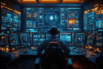 Naklejka premium A person sitting at a desk with multiple computer monitors, possibly working or studying