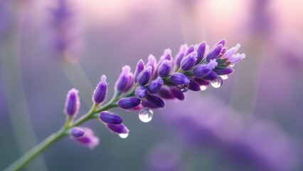 Naklejka premium Macro photography of lavender flowers with dew drops at sunrise 