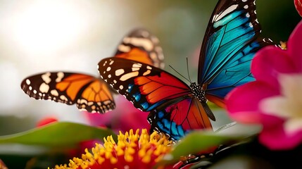 Fototapeta premium Colorful butterflies on vibrant flowers, sunny garden background. Perfect for nature, spring themes