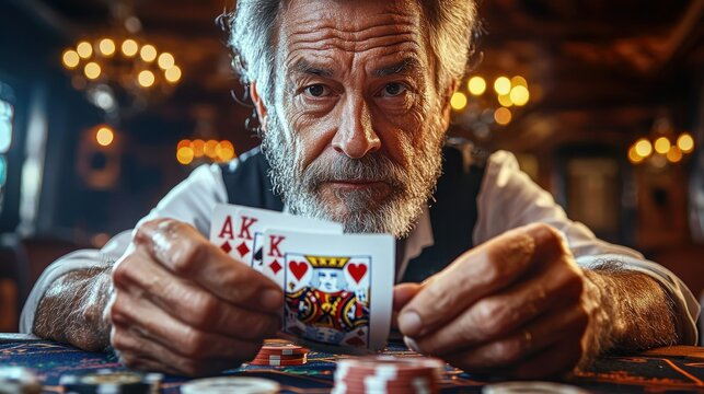 Grizzled Poker Player: A Close-Up of an Elderly Man Holding a Winning Hand