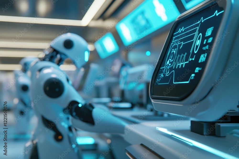 Poster a collection of robots gathered side by side, perfect for illustrations on technology and innovation