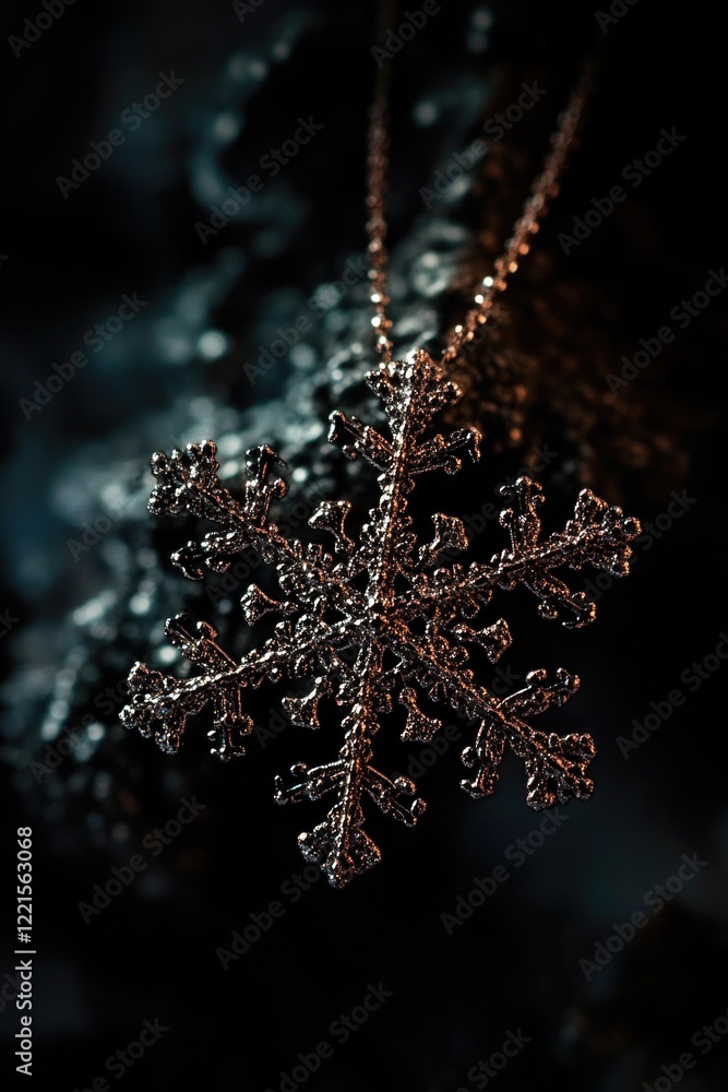 Poster a detailed view of a snowflake clinging to a tree branch, with intricate patterns and shapes