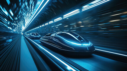 Fototapeta premium High-resolution view of hyperloop pods speeding through a futuristic mountain tunnel, sleek reflective design glowing with blue light