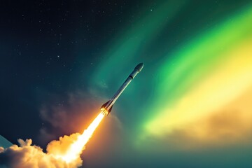 Fototapeta premium A rocket blasts off into the sky with a vibrant green and yellow aurora in the background