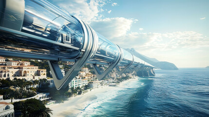 High-resolution view of hyperloop system suspended above a futuristic coastal town, sleek transparent tubes blending with ocean waves