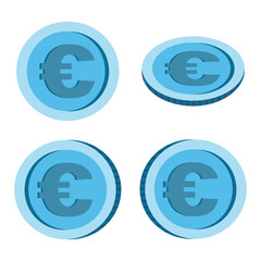Blue euro coins in various sizes and angles on a white background