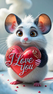 adorable, fluffy mouse with large, bright, shining brown eyes, a tiny pink nose, and soft, delicate whiskers, tenderly cradling a delicate, intricately designed red heart shape with the elegant, cursi