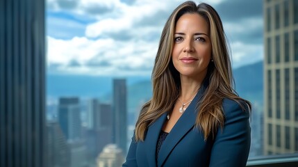 Fototapeta premium Confident businesswoman, city view, office, portrait (1)