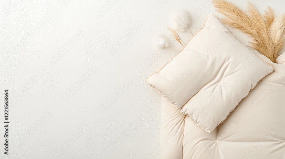 Poster an eco-friendly eiderdown duvet is spread across a light stone surface. feathers are gently visible 