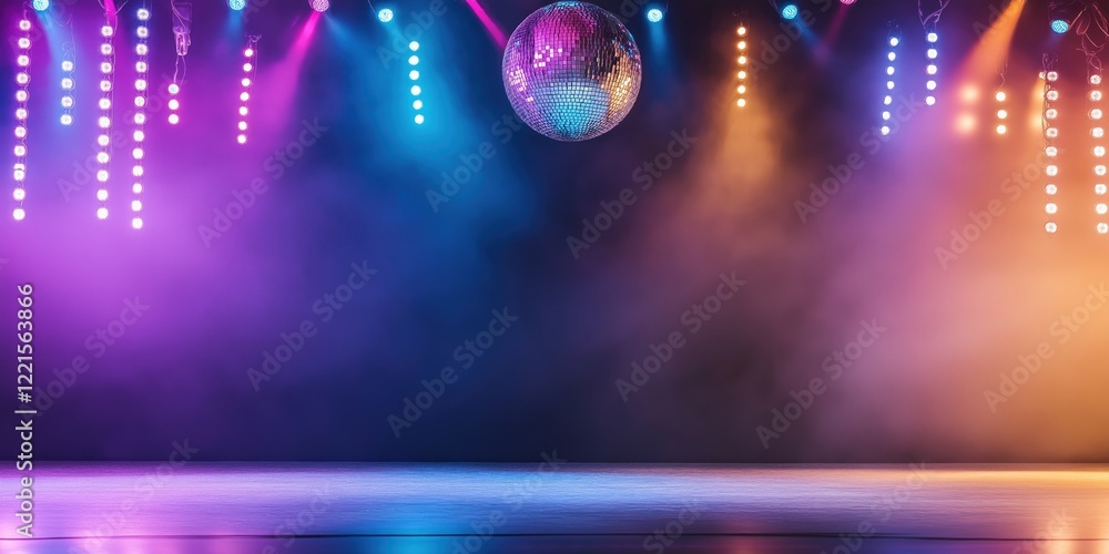 Poster an empty stage mock up is illuminated by colorful lights with a large disco ball hanging above setti