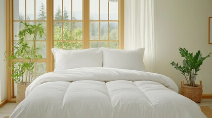 This serene bedroom features a luxurious eiderdown duvet on an organic cotton bedspread complemented by eco-friendly bamboo accents and natural light streaming through the windows