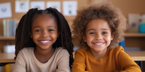 In a cozy classroom two African girls both around 10 years old smile brightly at the camera. Their joyful expressions and the rustic backdrop create a heartwarming scene that invites engagement