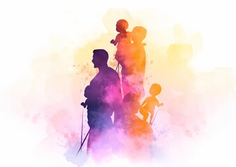 A family silhouette with two parents and three children, one child laughing on the father's shoulders, all depicted in soft watercolor strokes with a harmonious purple, pink, and yellow background.
