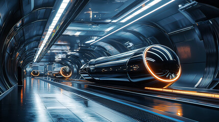 Fototapeta premium Hyper-realistic hyperloop pods traveling through a modern spaceport, sleek design glowing under futuristic lights