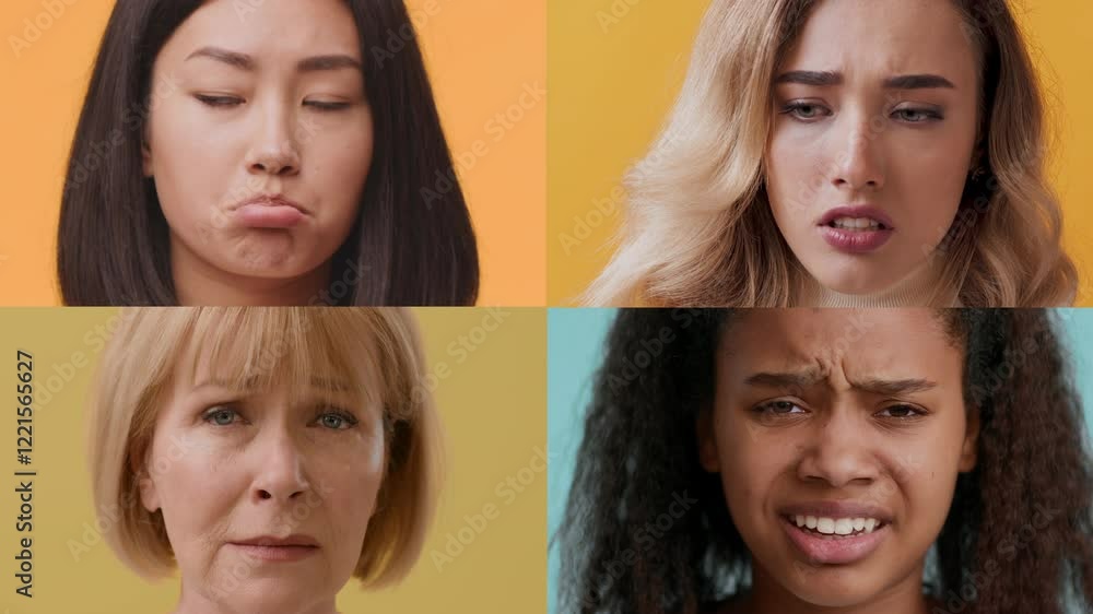 Poster A collection of four diverse individuals displays a range of emotions. Each person has a unique expression, with bright, contrasting backgrounds enhancing their feelings.