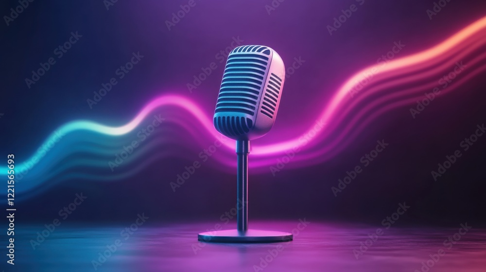 Poster vintage microphone on a sleek surface with vibrant sound waves in a colorful gradient background