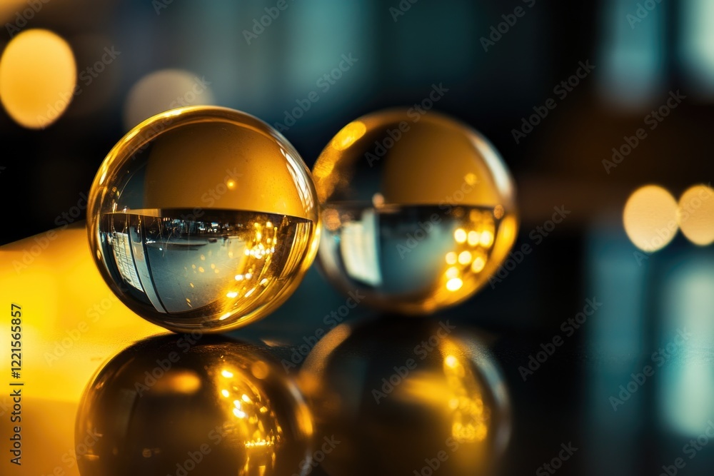 Poster close-up of two reflective spheres on a table