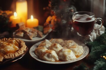 A table set with plates of food next to a lit candle, perfect for a dinner party or special occasion