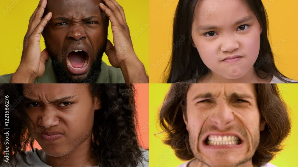 Poster A collection showcasing four individuals of different backgrounds displaying various emotions such as anger, frustration, and determination against bright yellow backgrounds.