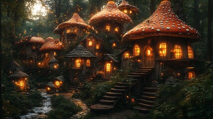 Fototapeta premium Village forest whimsical mushroom fairy houses high resolution hd image