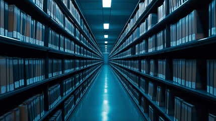 A panoramic view of a professional archive room, with rows of shelves stretching into the distance, each filled with uniform folders in systematic arrangements.