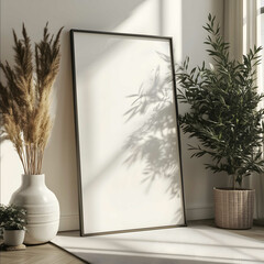 side angle perspective 3d mockup photo frame in moder style photo wall Winter feeling Green Plants