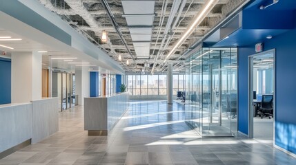 Modern Lobby Design Featuring Blue Accents and Contemporary Furniture in a Spacious Commercial Building During Daylight