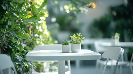 Plants on white table in a bright cafe.
