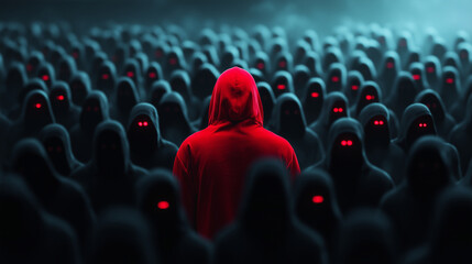 A lone figure in a crimson hoodie amidst a shifting crowd of dark, indistinct hooded shapes, with...