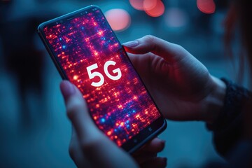 A person holding a modern smartphone with 5G network indication, great for tech and innovation concept images
