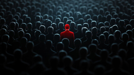 A dense crowd of matte black silhouettes, with a striking red figure in sharp contrast under a spotlight, emphasizing the peril of insider threats in data environments.