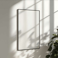 cinematic photorealistic close up shot of A3 size poster hanging on a white wall with Rays of sunlight coming in from side