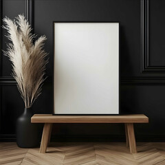 Frame mockup poster frame in front of a black wall parquet flooring