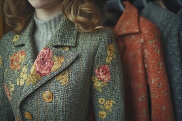 A person standing in front of a rack of clothes, possibly shopping or trying on outfits