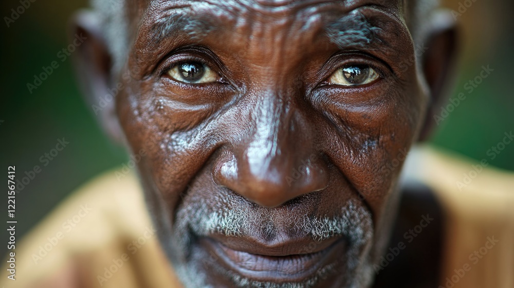 Poster close-up portrait of an older man's face with deep wrinkles, ideal for representing wisdom or experi
