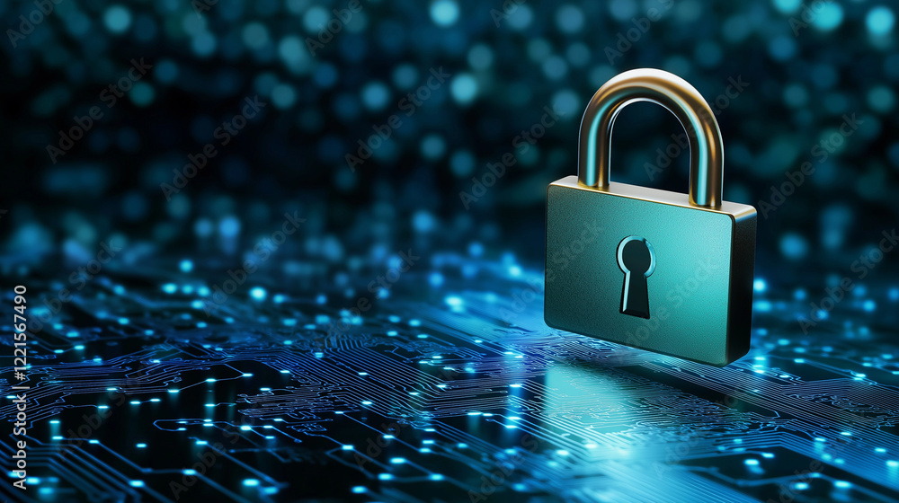 Poster a glowing digital padlock floating in front of a futuristic circuit board background, symbolizing cy